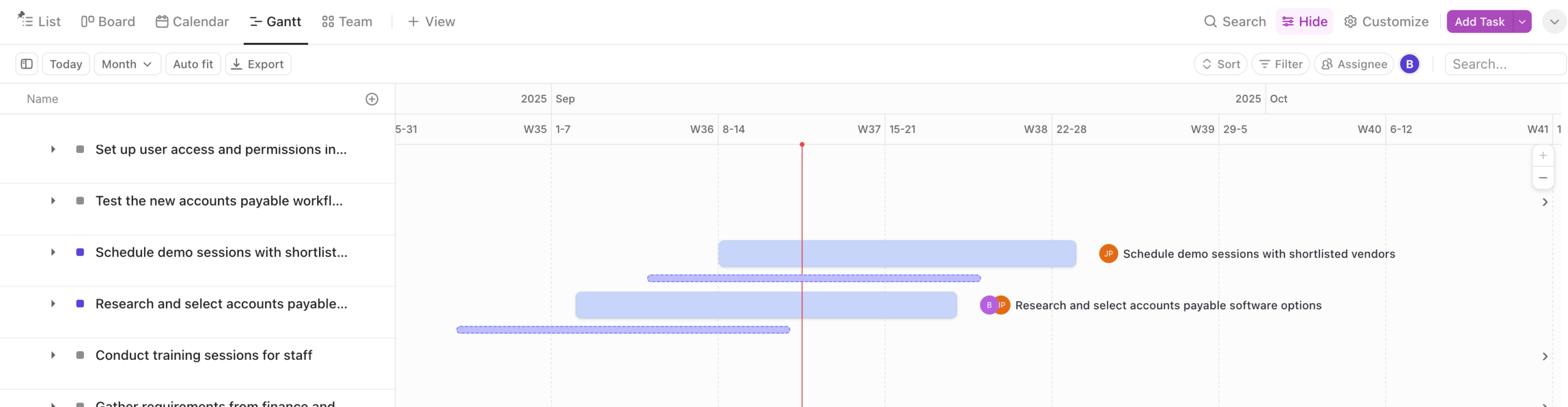 Captura de tela dos marcos em uma visualização Gantt.